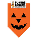 Orange dog bandana with black jack-o'-lantern face design, featuring Fundog Bandanas logo.
