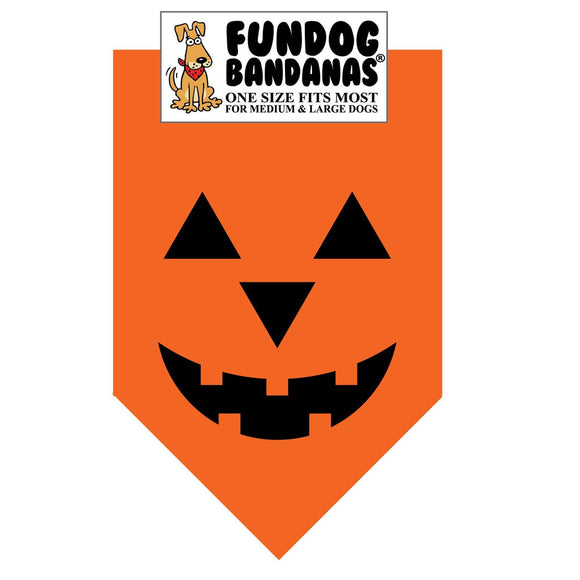 Orange dog bandana with black jack-o'-lantern face design, featuring Fundog Bandanas logo.