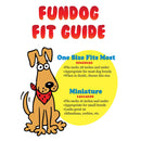 Cartoon dog illustration with 'Fundog Fit Guide' text on a white background