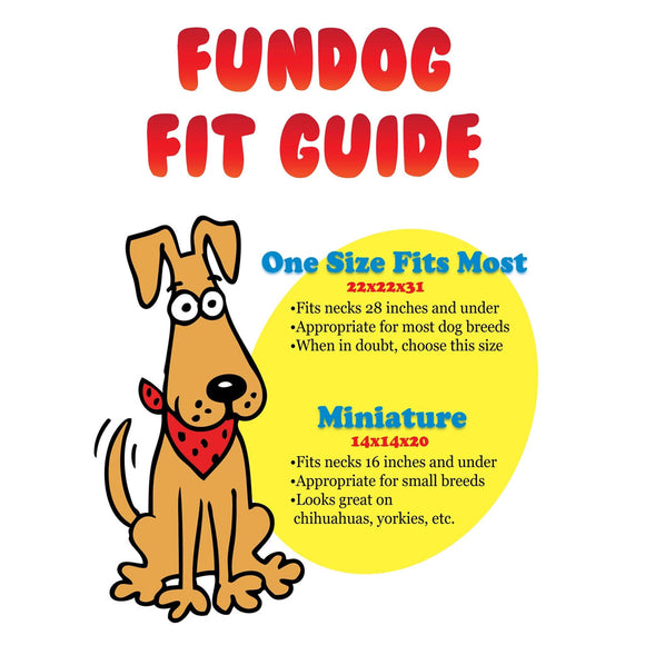 Cartoon dog illustration with 'Fundog Fit Guide' text on a white background