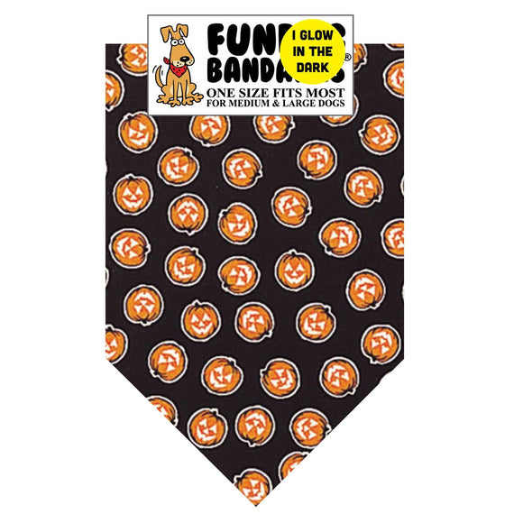 Dog bandana with Halloween pumpkin pattern on a black background, featuring 'Funbandz' branding.