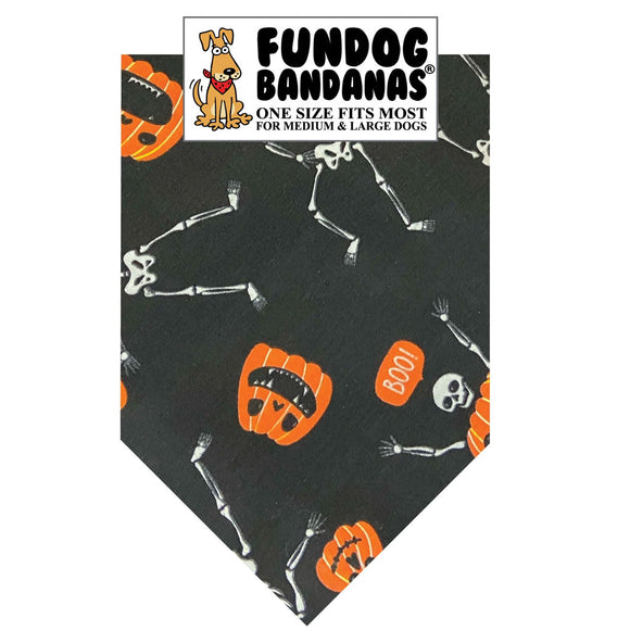 Dog bandana with Halloween designs on a black background, featuring skeletons, pumpkins, and the brand 'Fundog Bandanas'.