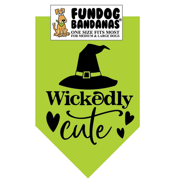 Green bandana with 'Wickedly Cute' text and witch hat design, featuring Fundog Bandanas logo.