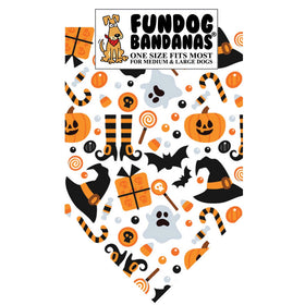 Packaging of Fundog Bandanas with Halloween-themed design on a white background