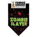 Dog bandana with 'Zombie Slayer' text and red splatter design on a black background, featuring Fundog Bandanas brand.