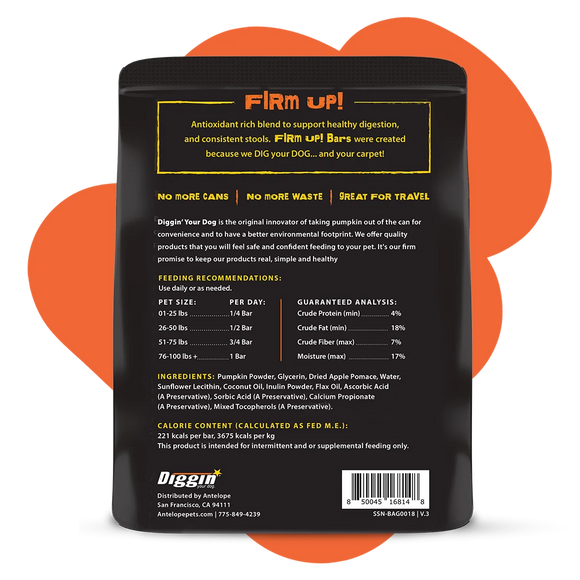 Diggin Your Dog Firm Up Pumpkin Bars Digestive Aid for Dogs & Cats