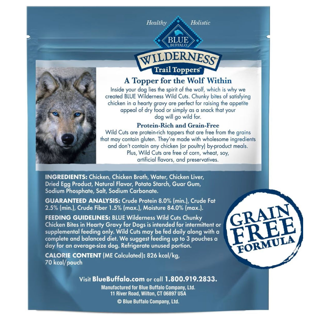 Blue Buffalo Wilderness Trail Toppers Wild Cuts Chunky Chicken Bites in Hearty Gravy Wet Food Topper For Dog (3 oz x 24 pouches)