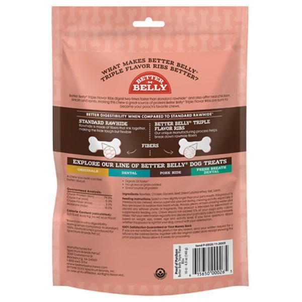 Better Belly Rawhide Triple Flavor Chicken (Sirloin & Lamb Ribs) Treats For Dog 10 pack