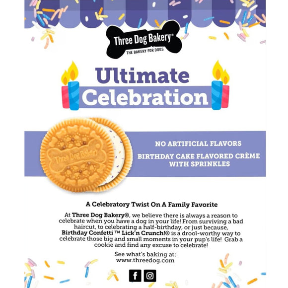 Three Dog Bakery Birthday Confetti Lick’n Crunch Golden Vanilla & Birthday Cake Cookie Treats For Puppy (13 oz)
