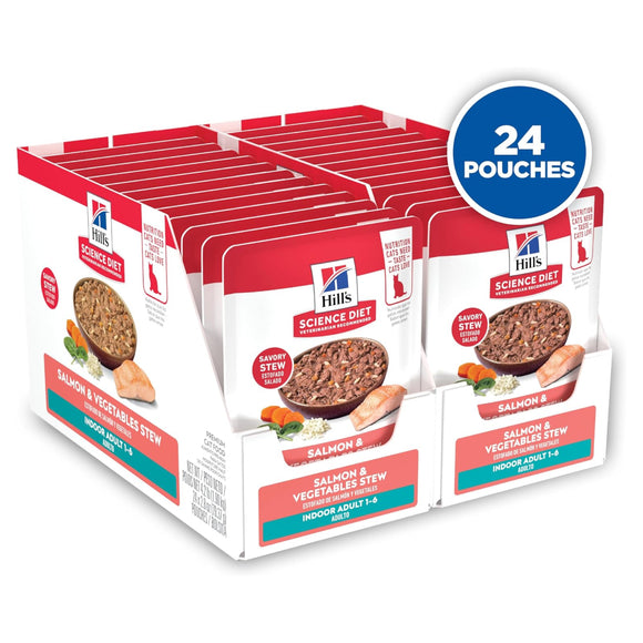 Hill's Science Diet Indoor Adult Salmon & Vegetables Stew Wet Food For Cat (2.8 oz x 24 pouches)