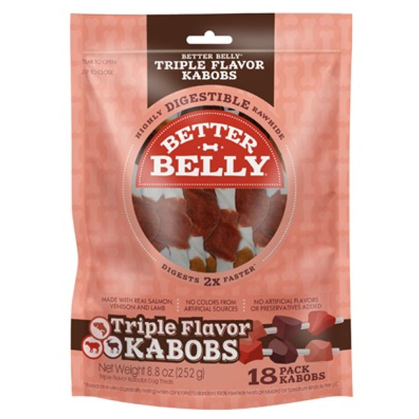 Better Belly Rawhide Triple Flavor Salmon (Venison & Lamb Kabob) Treats For Dog 18 pack