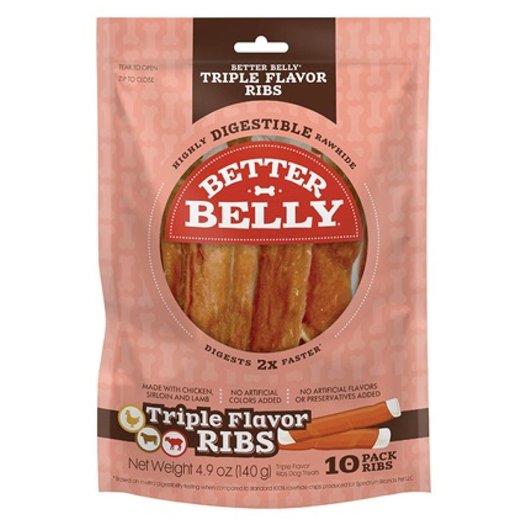 Better Belly Rawhide Triple Flavor Chicken (Sirloin & Lamb Ribs) Treats For Dog 10 pack