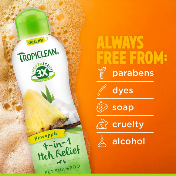 TropiClean EnduraScent Pineapple 4-in-1 Itch Relief Shampoo for Dogs & Cats (20 oz)