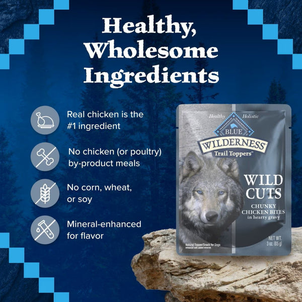 Blue Buffalo Wilderness Trail Toppers Wild Cuts Chunky Chicken Bites in Hearty Gravy Wet Food Topper For Dog (3 oz x 24 pouches)