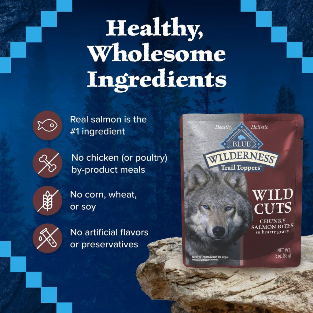 Blue Buffalo Wilderness Trail Toppers Wild Cuts Chunky Salmon Bites in Hearty Gravy Wet Food Topper For Dog (3 oz x 24 pouches)