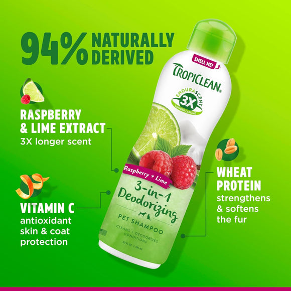 TropiClean EnduraScent Raspberry Lime Deodorizing Shampoo for Dogs & Cats (20 oz )