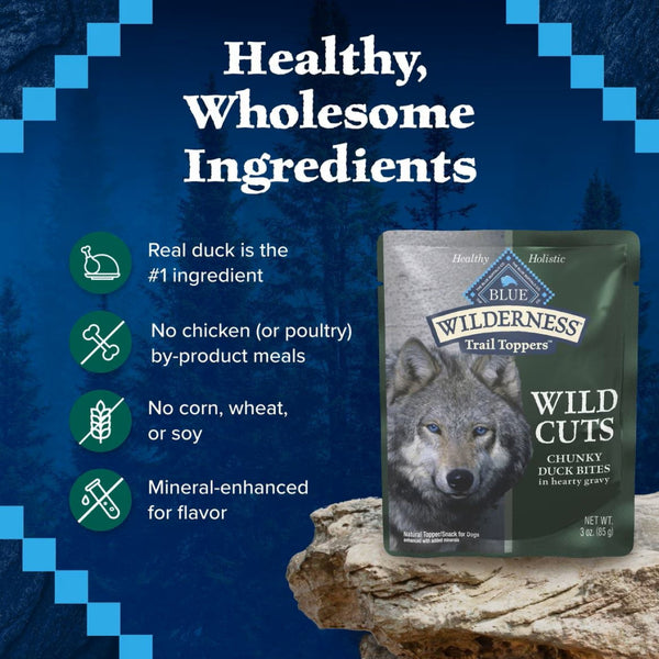 Blue Buffalo Wilderness Trail Toppers Wild Cuts Chunky Duck Bites in Hearty Gravy Wet Food Topper For Dog(3 oz x 24 pouches)