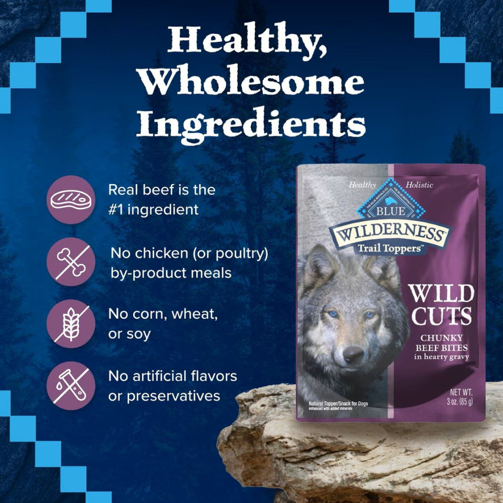 Blue Buffalo Wilderness Trail Toppers Wild Cuts Chunky Beef Bites in Hearty Gravy Wet Food Topper For Dog (3 oz x 24 pouches)