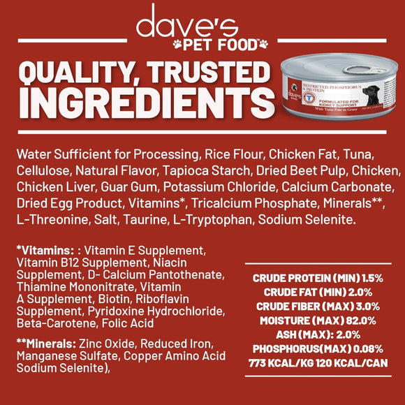 Dave's Pet Food Restricted Diet Phosphorus & Protein Kidney Support (Tuna Pate in Gravy Wet Food) For Dog