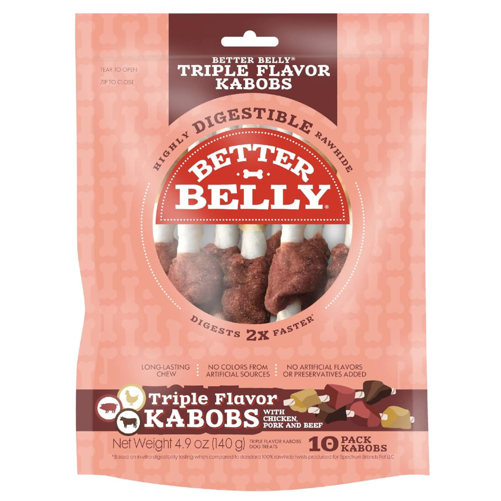 Better Belly Rawhide Triple Flavor Chicken (Pork & Beef Kabob) Treats For Dog (10 pack)