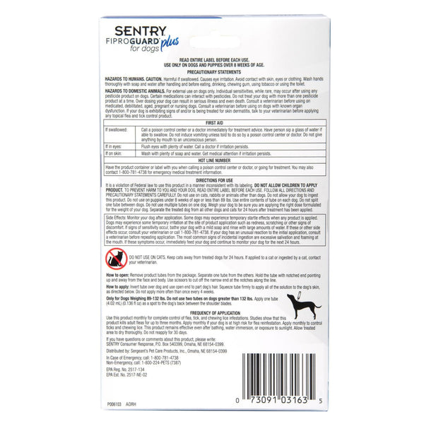 Sentry Fiproguard Plus Topical Flea & Tick Treatment for Dogs 89-132 lbs (3 doses)