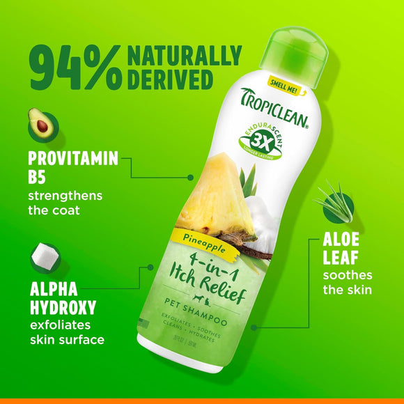 TropiClean EnduraScent Pineapple 4-in-1 Itch Relief Shampoo for Dogs & Cats (20 oz)