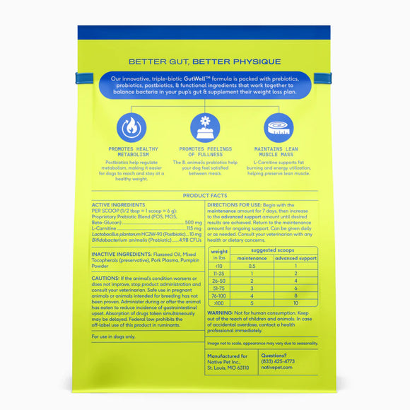 Native Pet Gutwell Trim Down, Weight Management & Metabolic Supplement for Dogs (60 scoops)