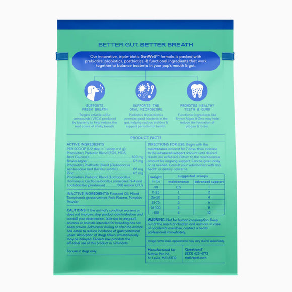 Native Pet Gutwell Clean Breath, Dental Care Supplement for Dogs (60 scoops)