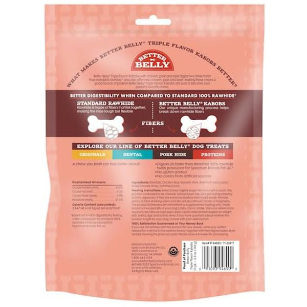 Better Belly Rawhide Triple Flavor Chicken (Pork & Beef Kabob) Treats For Dog (10 pack)