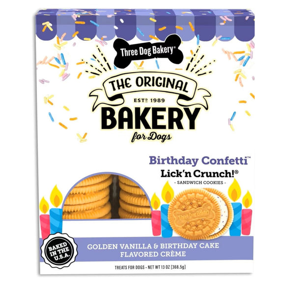 Three Dog Bakery Birthday Confetti Lick’n Crunch Golden Vanilla & Birthday Cake Cookie Treats For Puppy (13 oz)