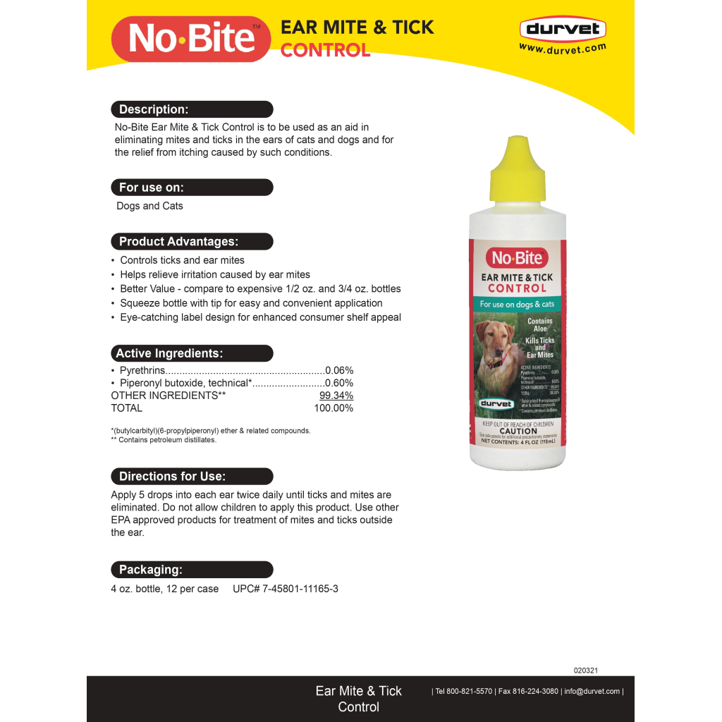 Durvet No-Bite™ Ear Mite & Tick Control Solution For Dogs & Cats (4 oz)