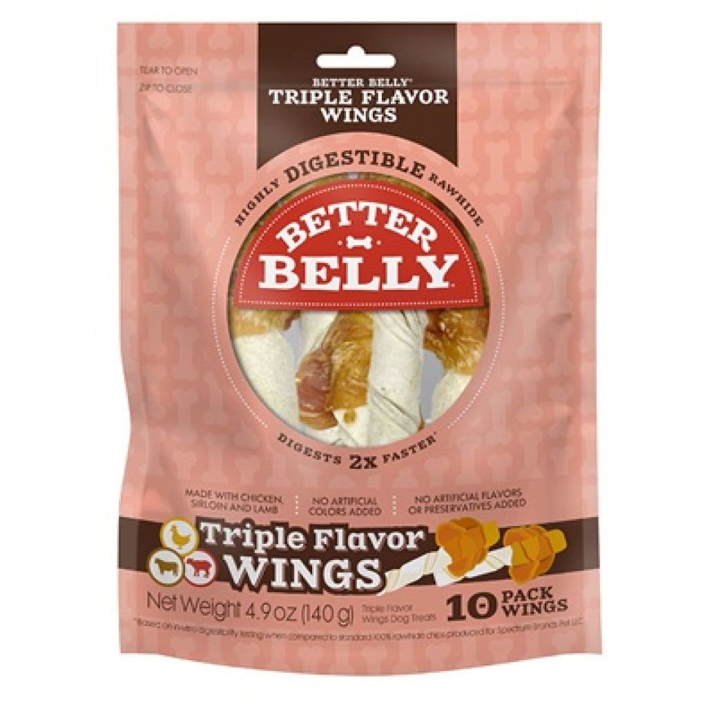 Better Belly Rawhide Triple Flavor Chicken (Sirloin & Lamb Wings)Treats For Dog 10 pack