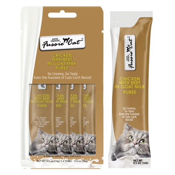 Fussie Cat Chicken with Beef in Goat Milk Puree Lickable Cat Treats, 0.5-oz x 4-tubes