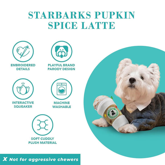 Dog toy with features listed and a dog holding it, branded 'Starbarks'.