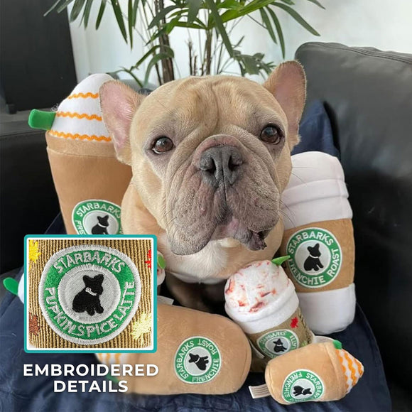 Dog with Starbarks Pumpkin Spice Latte plush toy