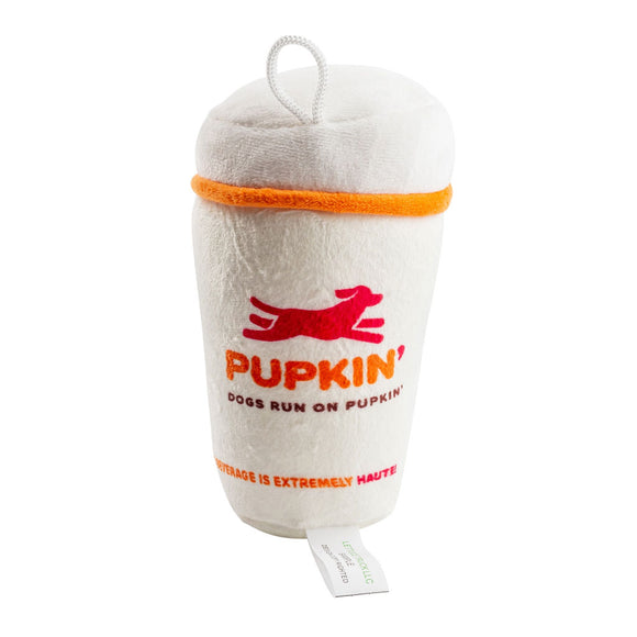 Plush dog toy with 'Pupkin' branding on a white background