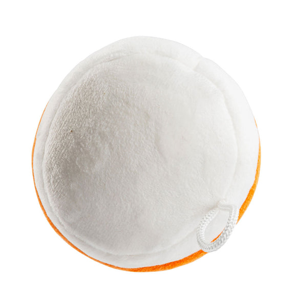 Round white cleaning pad with orange border on a white background