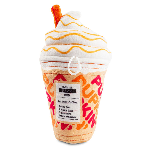 Plush toy resembling a coffee cup with whipped cream and a straw on a white background