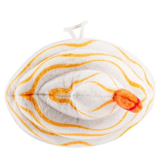 White towel with orange stripes and a red object on a white background