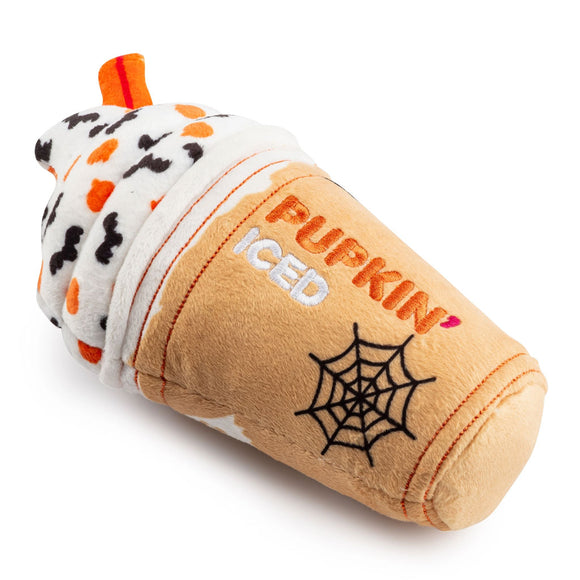 Halloween-themed plush toy resembling a pumpkin spice latte on a white background