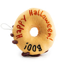 Plush donut toy with 'Happy Halloween! Boo!' text on a white background