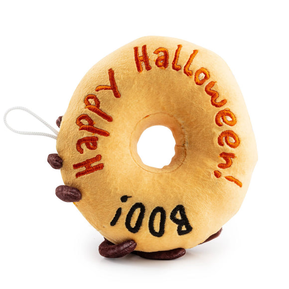 Plush donut toy with 'Happy Halloween! Boo!' text on a white background