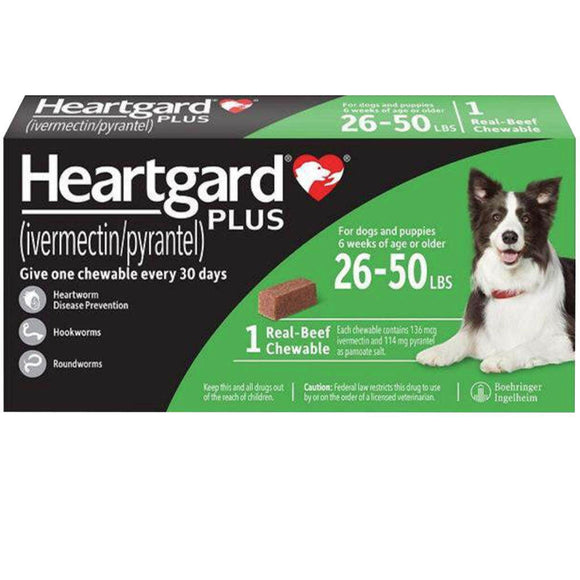 Heartgard Plus Chew for Dog Heartworm Prevention, 26-50 lbs (Green Box) Pet Medicine.