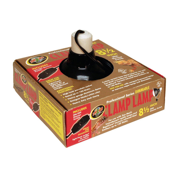 Box packaging of a 8.5-inch Clamp Lamp with branding on a white background
