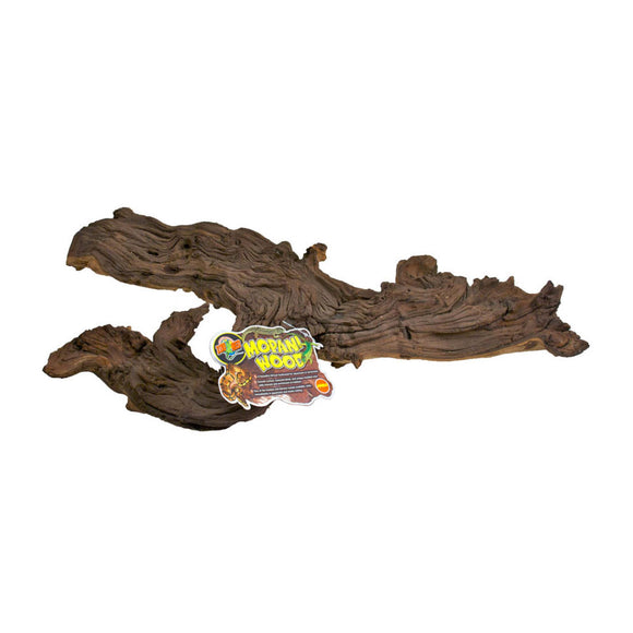 Decorative brown rock with a brand label on a white background