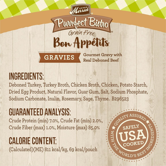 Merrick Purrfect Bistro Grain Free Bon Appetits Gravies Adult Wet Cat Food, Turkey Recipe Chunks in Gravy (3 oz x 24 pouches)