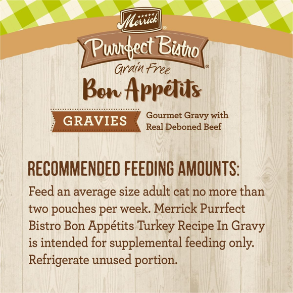 Merrick Purrfect Bistro Grain Free Bon Appetits Gravies Adult Wet Cat Food, Turkey Recipe Chunks in Gravy (3 oz x 24 pouches)