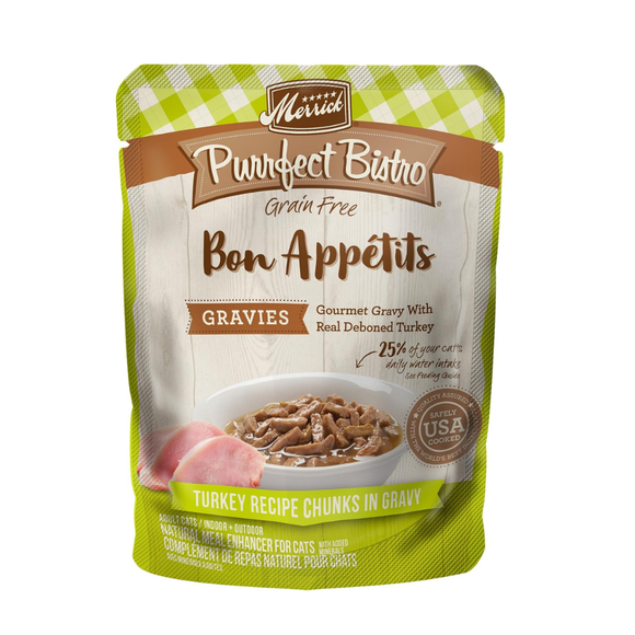 Merrick Purrfect Bistro Grain Free Bon Appetits Gravies Adult Wet Cat Food, Turkey Recipe Chunks in Gravy (3 oz x 24 pouches)