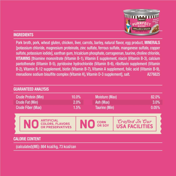 Merrick Purrfect Bistro Premium Canned Adult Wet Cat Food, Braised Pork, Carrot & Barley Recipe Grilled in Sauce (3 oz x 24 cans)