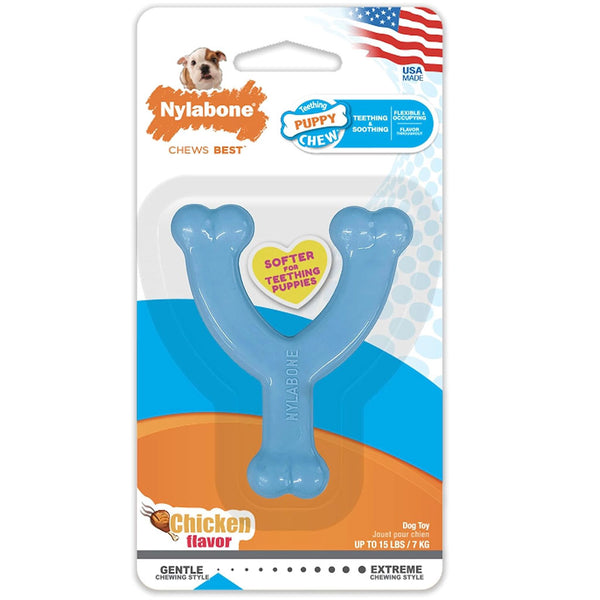 Nylabone Puppy Chew Toy Wishbone Chicken Flavor, Blue, X-Small/Petite